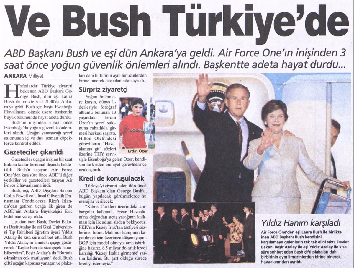 2004’de 13 yaşındaki Erdin Özel’in Bush’la fotoğraf çektirmek için Esenboğa’ya sızma haberinin 23 yıllık kupürünü paylaşan hesaba erişim engeli